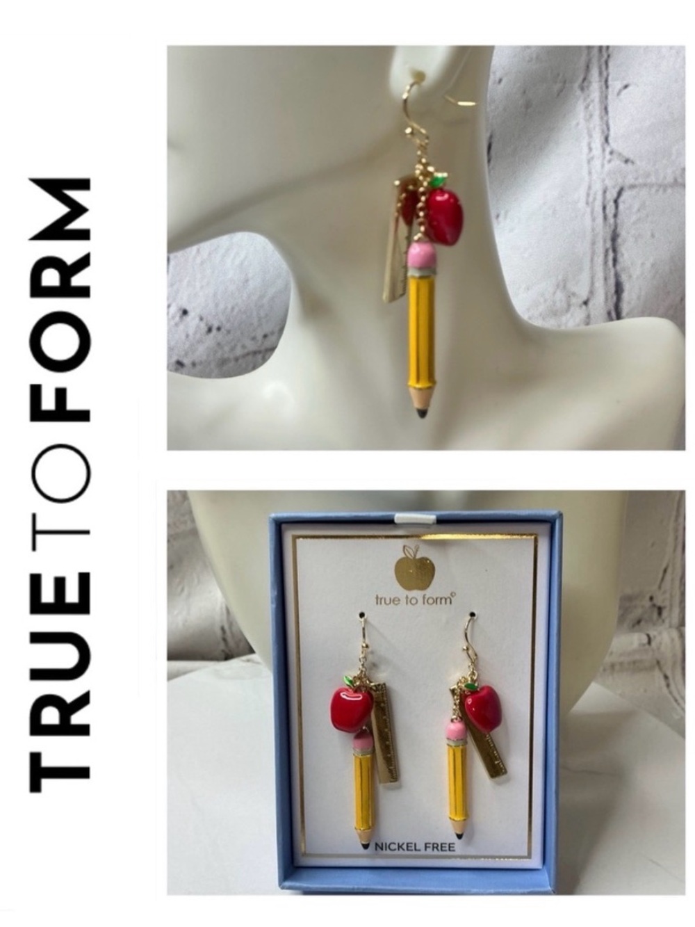 🌟🌟 True to Form Pencil Ruler Apple Dangle Earrings